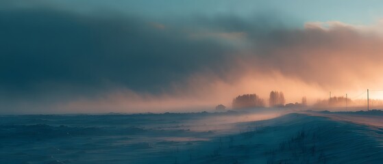 Fototapeta premium A serene landscape at dusk, depicting a snowy horizon with fading light. Gentle breezes and soft clouds create an atmosphere of tranquility and beauty in nature's wonder.