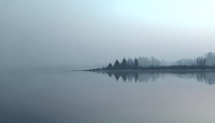 Fototapeta premium A serene landscape featuring a misty lake reflecting trees on its bank. The calm waters and fog create a tranquil atmosphere, perfect for relaxation and nature appreciation.