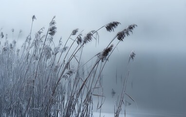 Obraz premium A serene landscape featuring tall reeds swaying gently in the mist, showcasing the beauty of nature and tranquility. Perfect for evoking feelings of calm and introspection.