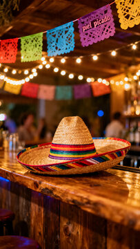 Mexican sombrero on wooden bar counter, festive Cinco de Mayo decorations with papel picado banners, traditional straw hat in vibrant cantina isolated on White Background