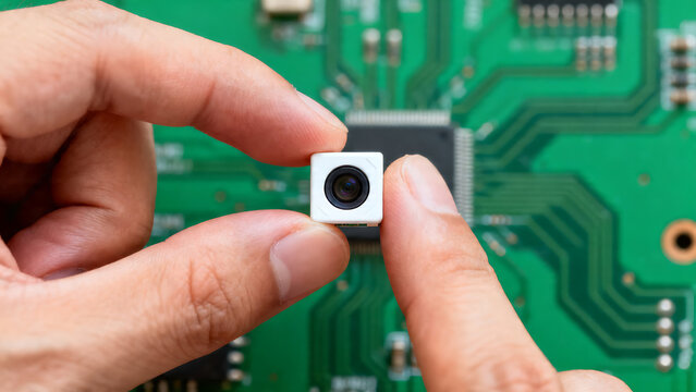 Miniature spy camera held in fingers, tiny surveillance lens over green circuit board, micro electronic security hardware for covert monitoring isolated on White Background