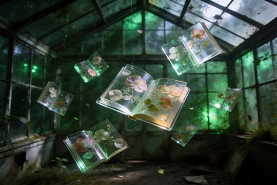Glowing floral books floating inside an old greenhouse, magical surreal fantasy botanical art scene.