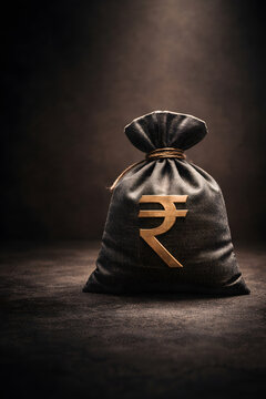 Dark money bag with a rupee sign standing under spotlight in a dramatic setting. Concept of savings investment stored capital and Indian finance