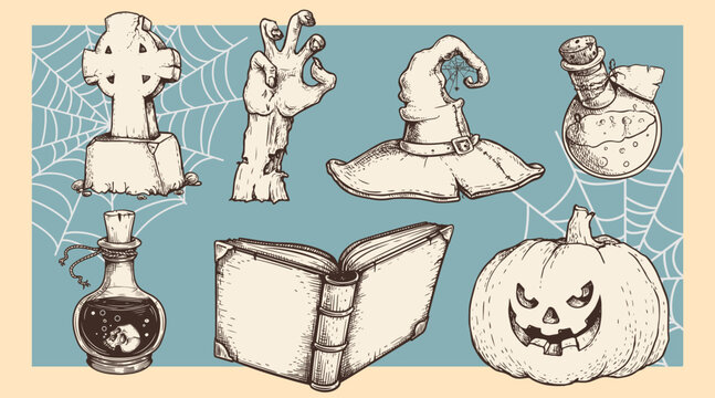 Hand drawn Halloween elements set in sketch carved style. Retro vintage engraved elements for seasonal designs. Vector illustrations collection.