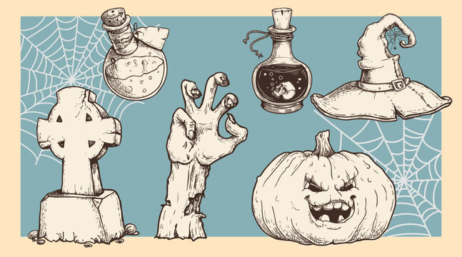 Hand drawn Halloween elements set in sketch carved style. Retro vintage engraved elements for seasonal designs. Vector illustrations collection.