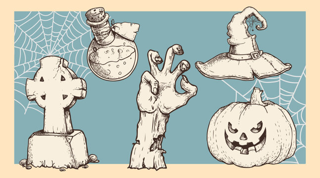 Hand drawn Halloween elements set in sketch carved style. Retro vintage engraved elements for seasonal designs. Vector illustrations collection.