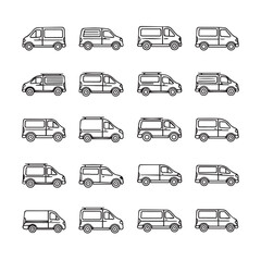 Obraz premium Various van types illustrated in a clean line art style on a white background