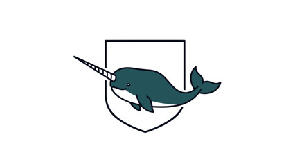 Minimalist dark teal narwhal with a single tusk emerges from a shield outline © Engg