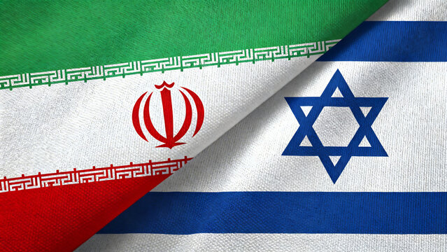 Iran and Israel flags side by side, diplomatic relations and geopolitical conflict concept, national symbols on textured fabric isolated on White Background