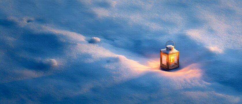 A warm lantern glows gently amidst a blanket of soft snow, creating a serene winter atmosphere