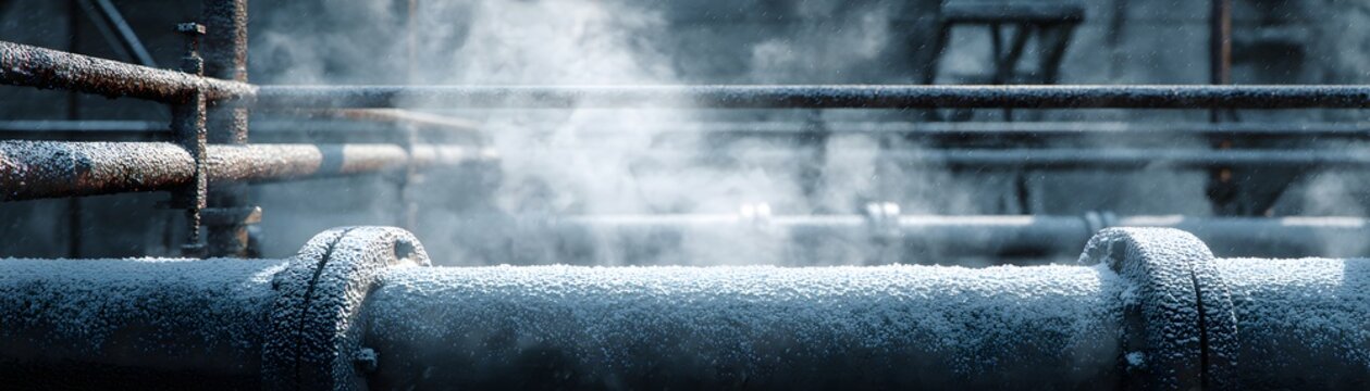 Close-up of rusty industrial pipes with steam rising, showcasing the weathered texture and worn look. This image captures the essence of industrial environments and machinery.