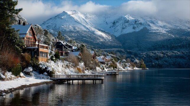 Bah&iacute;a Mansa in Villa La Angostura, Neuqu&eacute;n, Argentina, featuring snowy mountains and scenic views of Angostura Village, a popular vacation and travel destination.