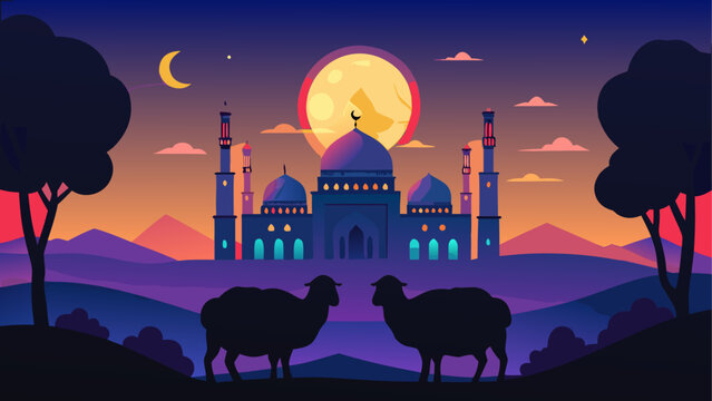 Pixel art style mosque with two sheep standing in front during a beautiful colorful sunset night