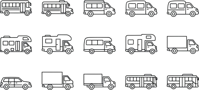 Vehicle icon set showing various transport types including buses trucks vans campers and trailers as line art design