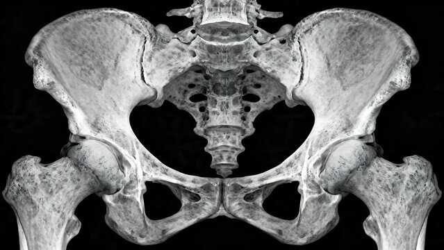 Human pelvis bone x-ray scan, medical imaging of skeletal hip joints and sacrum, anatomical structure of pelvic girdle and femur heads isolated on White Background
