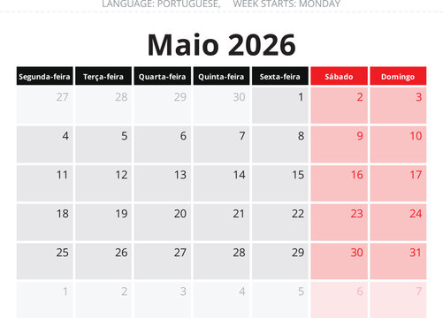 May 2026 Portuguese monthly calendar pages &ndash; Maio. Vector illustration Portugal