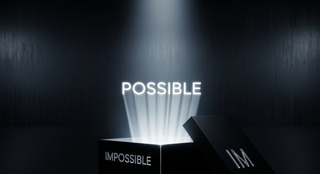 Glowing word possible emerging from an open dark mystery box