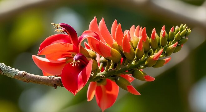 Batwing Coral Tree Erythrina Vespertilio Vivid Red Orange Tropical Flowers Blooming on Branch Macro Closeup