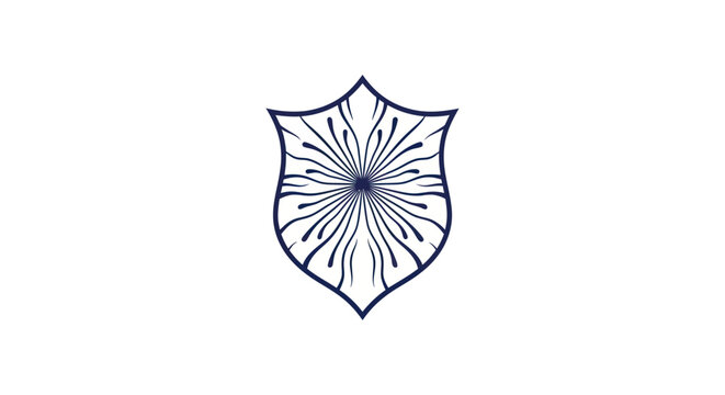 A blue shield design on white background, with an intricate floral pattern in the center
