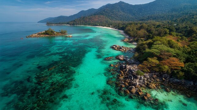 Aerial photography of Koh Lipe, Satun, Thailand, showing emerald green and blue crystal-clear waters, lush mountains, rich greenery, and the surrounding Andaman Sea.