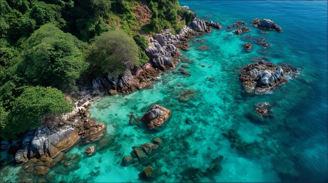 Aerial photography of Koh Lipe, Satun, Thailand, showing emerald green and blue crystal-clear waters, lush mountains, rich greenery, and the surrounding Andaman Sea.