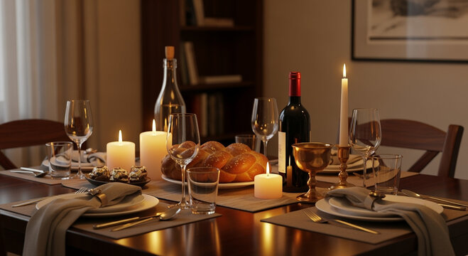 Shabbat dinner table with braided challah bread and wine glasses