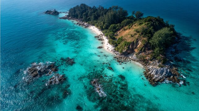 Aerial drone photography of Koh Lipe, Satun, Thailand, showing emerald green and blue crystal-clear waters, lush green mountains, rich nature, and the Andaman Sea.