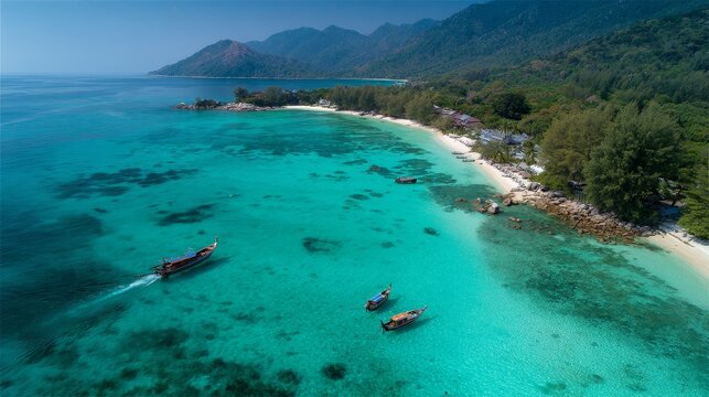 Aerial drone photography of Koh Lipe, Satun, Thailand, showing emerald green and blue crystal-clear waters, lush green mountains, rich nature, and the Andaman Sea.