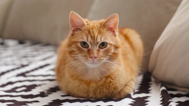 red cat Relaxed Feline On Decorative Bedding. Ginger Feline Lying Peacefully On Zebraprint Sheets. Domestic Cat In Comfortable Pose On Patterned Zebra Bedding With Attentive Ears