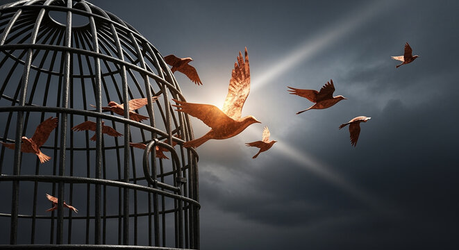 Flock of birds flying out of an open metal cage