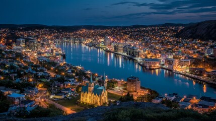 Fototapeta premium Panoramic night view of St. John’s, Newfoundland and Labrador, Canada, showcasing the city illuminated at night.