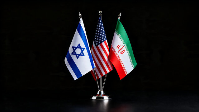International flags of Israel, USA, and Iran on desk, diplomatic summit concept, geopolitical relations and foreign policy symbols isolated on White Background