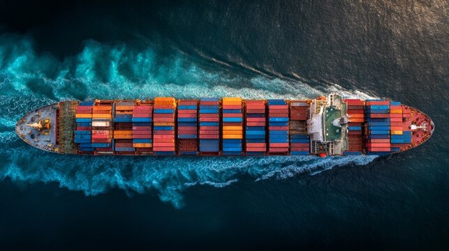 Top view of a fully loaded container ship approaching port, showing international cargo loading and unloading at a seaport, representing freight transportation, shipping logistics, import-export.