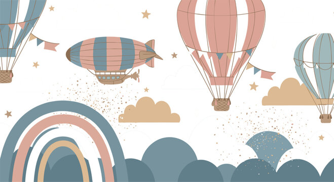 Nursery Sky Vector Wallpaper Featuring Pastel Hot Air Balloons Vintage Blimp Rainbow And Fluffy Clouds For Children Room Decor