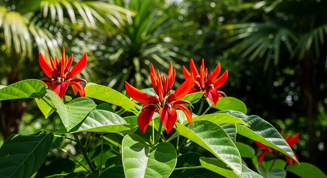 Batwing Coral Tree Erythrina Vespertilio Red Flame Flowers Blooming Among Lush Tropical Green Foliage Garden