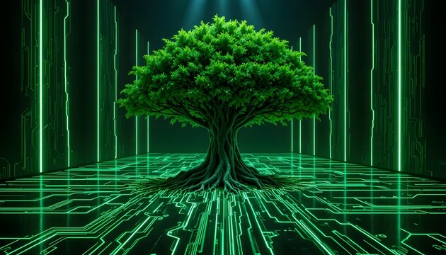 green digital tree of life glowing on circuit board floor in futuristic data center environment