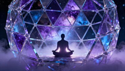 Fototapeta premium Woman meditating in lotus pose inside futuristic geodesic dome on nebula background. Zen practice inside glass sphere with outer space view. Energy flow and physics science concept.