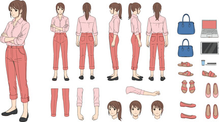 Anime style illustrated professional character design sheet with multiple views poses expressions accessories handbags laptop creative artwork scene