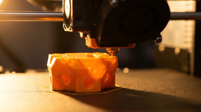 An extreme close-up of a 3D printer nozzle extruding orange filament to create a complex geometric object.