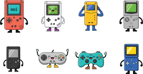 Cute cartoon character collection of retro handheld game consoles and modern controllers with funny faces arms and legs isolated on white © IconicCreations