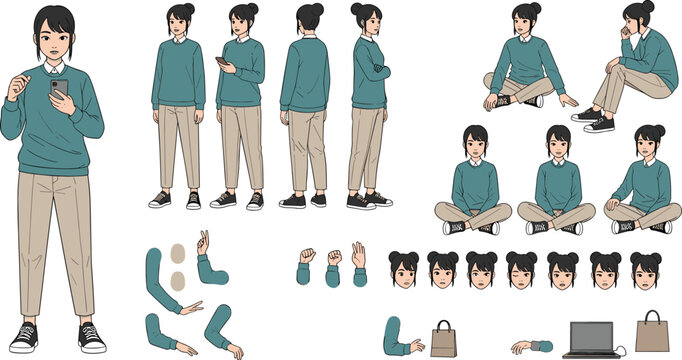 Full body character design sheet of young woman in casual sweater with various poses sitting gestures and facial expressions