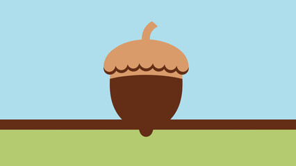 Stylized acorn with brown cap on brown stem over green ground, light blue sky © sea