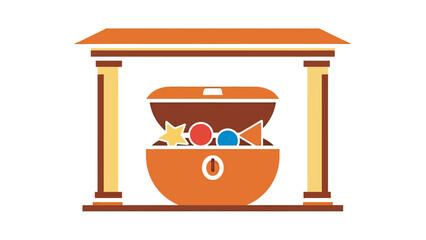 An open treasure chest filled with candy under an architectural structure © sea