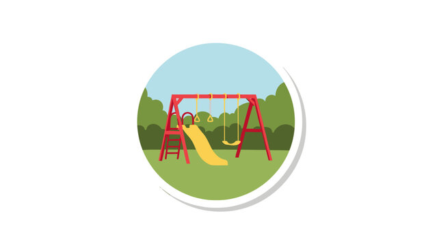 A red swing set with a slide and monkey bars sits on a green grassy field under a blue sky
