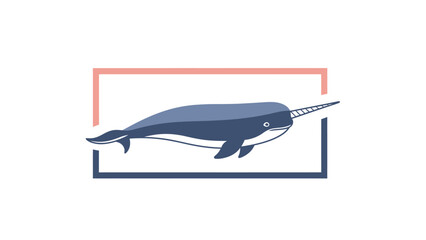 Stylized blue narwhal with a horn swims within a rectangular frame © sea