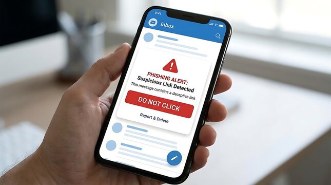 Phishing alert on smartphone screen, suspicious link detected notification in email inbox, cybersecurity threat and mobile data protection concept