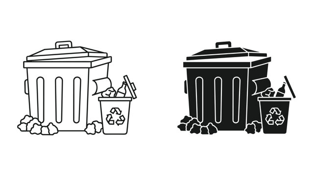 Black and white illustration of trash cans and recycling bins with lids