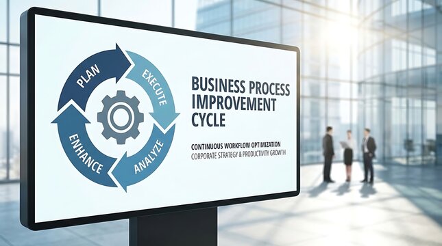 Business process improvement cycle infographic on digital billboard, continuous workflow optimization diagram, corporate strategy and productivity growth concept