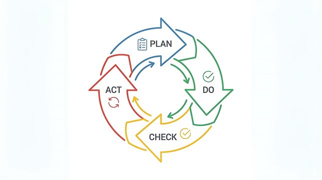 PDCA cycle business diagram, plan do check act management process, continuous improvement circular workflow on white background