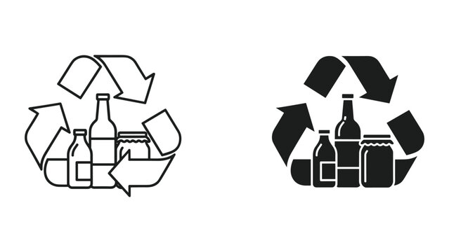 Recycling symbol with bottles and cans in a circular arrow pattern on white background